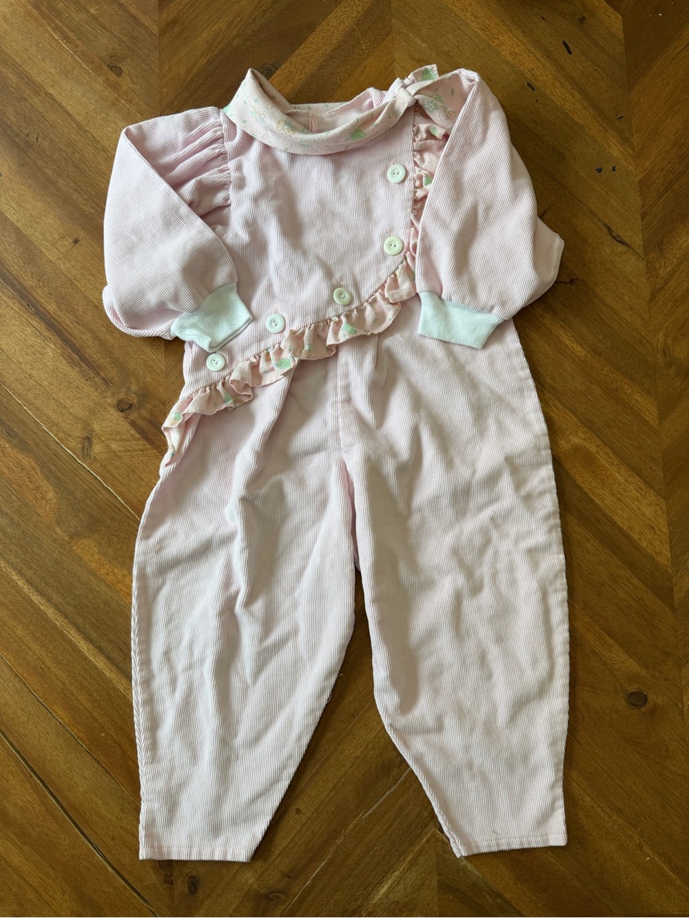 Vintage Baby Girl Pink Corduroy Romper 3T Ruffle Bow Made USA